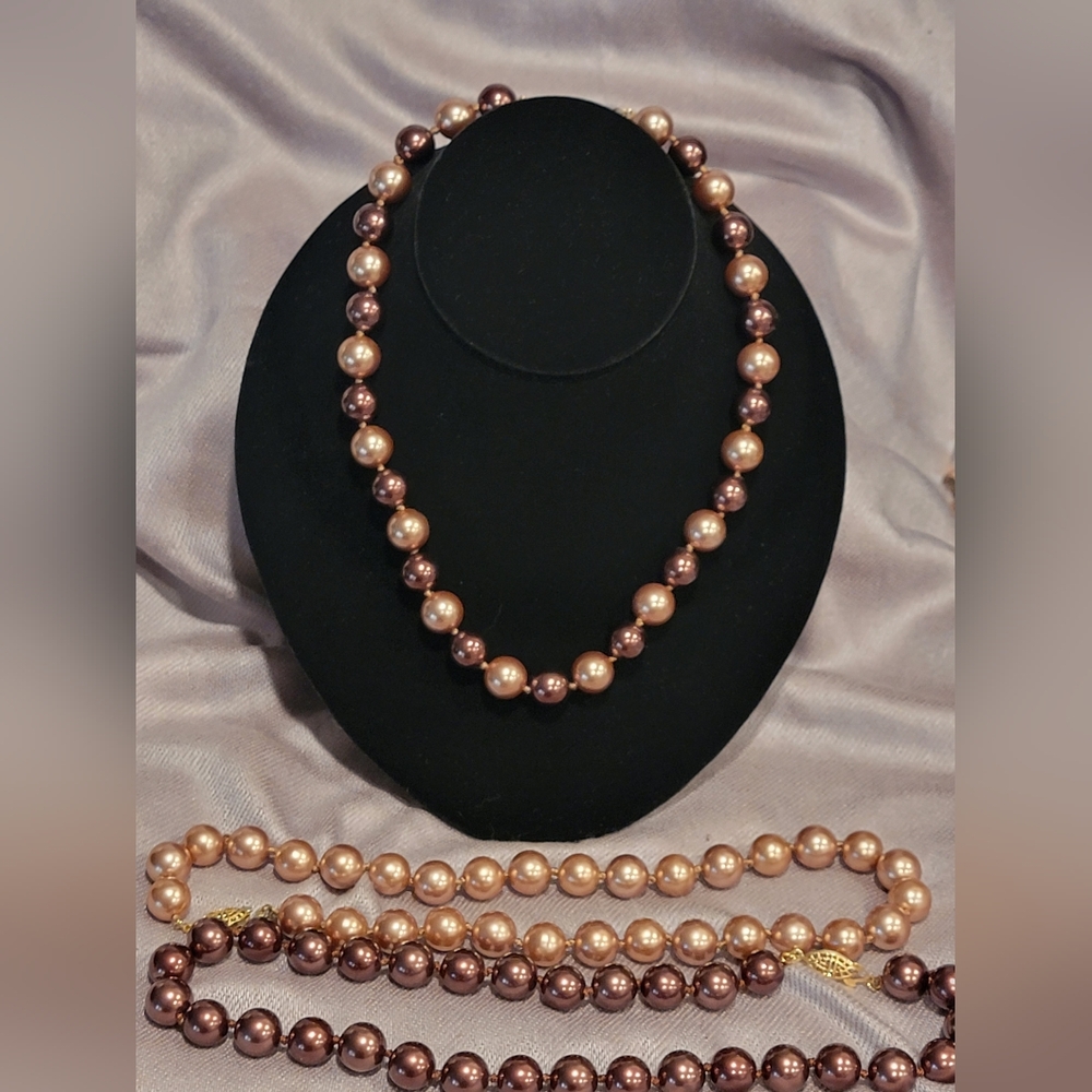 Vintage Hand-Knotted Faux Pearl Necklace Trio - Earth Tones - Filigree Clasps